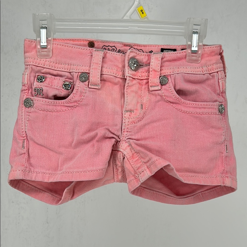 Miss Me Girls Size 7 Neon Pink Cross Bling Rhinestone Denim Shorts Y2K Aesthetic